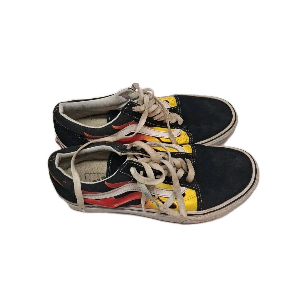 Vans Off The Wall Old Skool Red Yellow Flames Black Shoes Mens 6.5 Womens 8